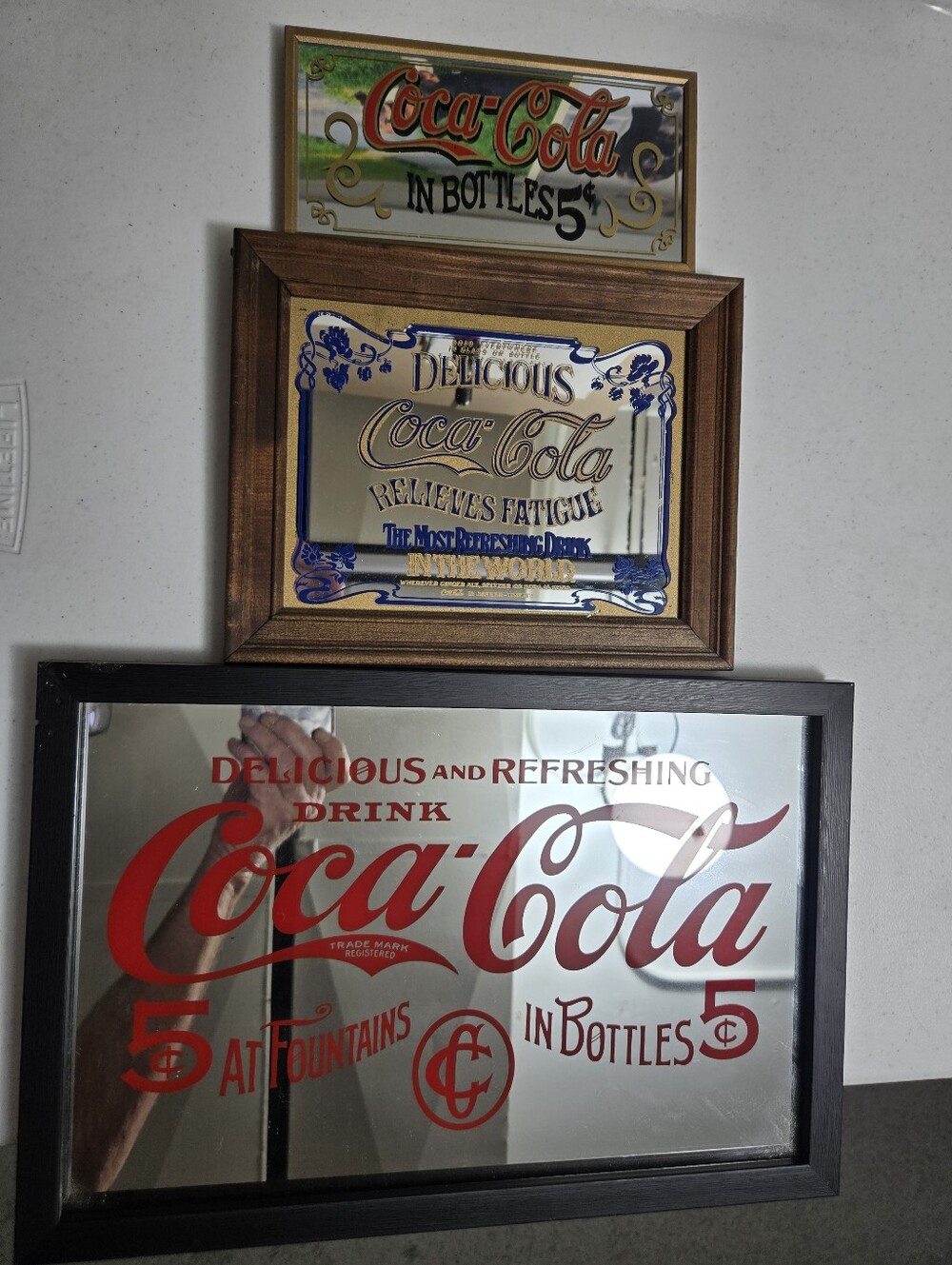 3 Vintage Coke Mirrors. 1 Red Lettering. 1 Blue Lettering. 1 Red & Black Nice.